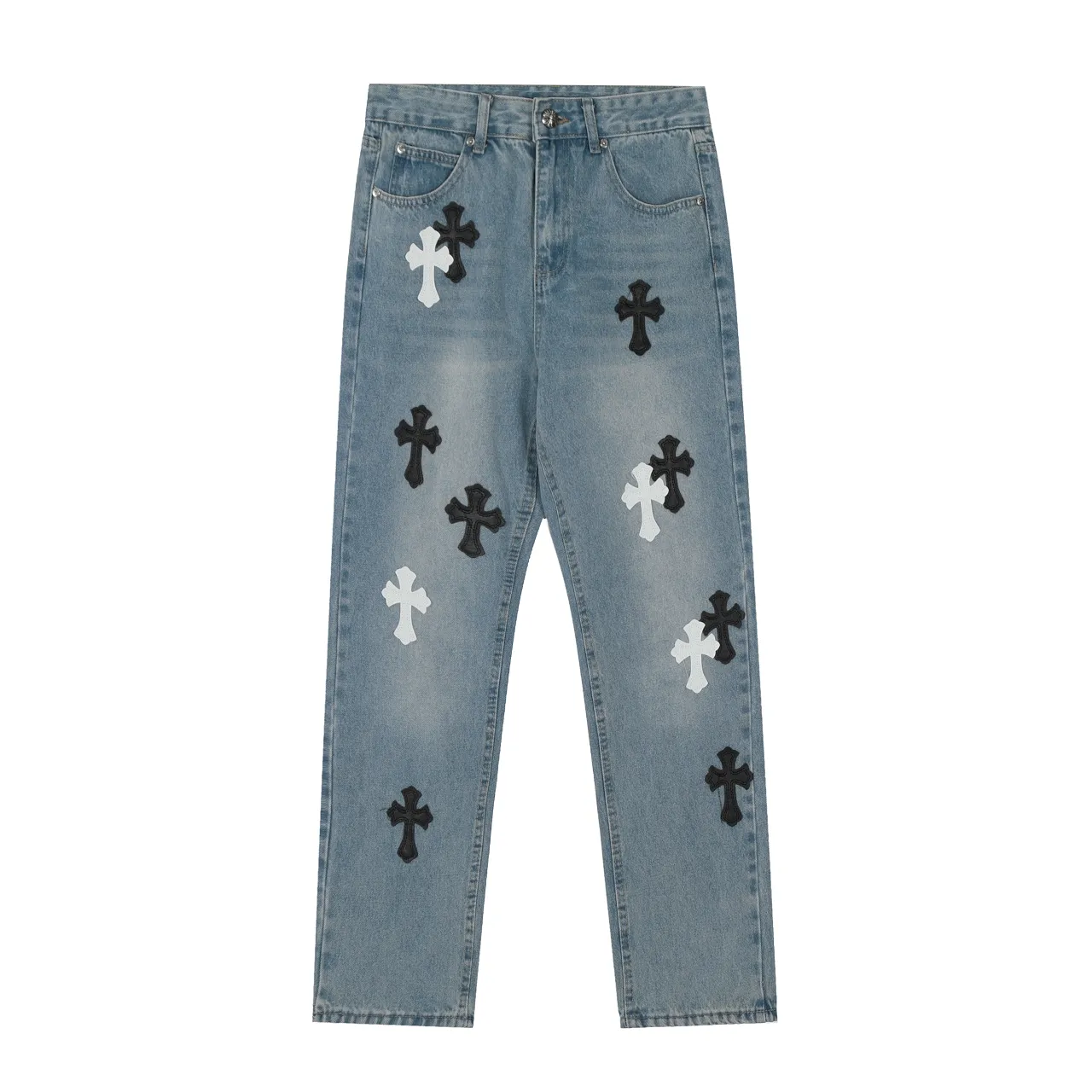 KE971#P240 The only correct leather label version on the market Chrome Hearts CH Cross embroidery distressed jeans Top ceiling quality 100% correct version The correct version is here!  Believe me this must be the best quality you will ever come across! ! Excellent value for money! !  Styles with different washes and textures are very friendly to people with thin legs and thick legs. The straight version is very flattering to the shape of the legs. The moderate length is timeless and easy to match. It is the basis of various styles and a must-have in the wardrobe! ! Add a little stacking to easily control this year's popular clean fit fabric. The fabric is stiff but the upper body is soft without losing texture. The sides and cuffs of some styles have a bone-wash effect. It's really hard not to love it! The outfit effect is immediate! ✅Correctly customize the Croxin metal leather label on the back panel. It is not sold directly with the cross on the finished jeans. 1:1 copying strives for excellence and the details are perfectly grasped. ✅The cross leather label is clear and smooth. Exquisite turning top craftsmanship. ✅Buttons, zippers and hardware are all customized versions of the Croxin LOGO. ✅High-cost washing process. Size: 28 30 32 34 36 (5 sizes)